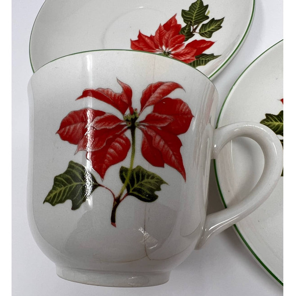 Cuthbertson Poinsettia Made in England 3‎ Saucer 5 1/2" 2 Coffee Cups 3" Tall - Picture 3 of 4